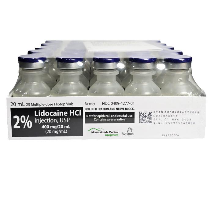 Lidocaine 2%, Lidocaine Injection Numbing Shot 20 mL Multi-Dose Vials Hospira Pfizer 25/tray (Rx)