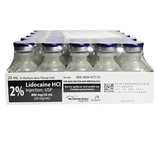 Lidocaine 2%, Lidocaine Injection Numbing Shot 20 mL Multi-Dose Vials Hospira Pfizer 25/tray (Rx)