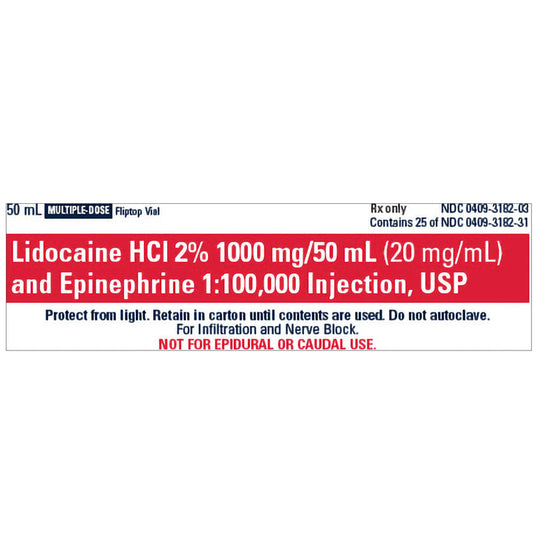 Lidocaine 2% with Epinephrine 2% 1:100,000 Injection 50 mL Multiple Dose, 25/Pack (Rx)  Expiration 1/31/27
