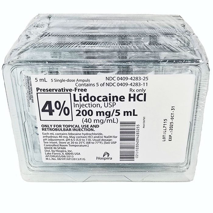 Lidocaine Hydrochloride 4% Injection 40 mg/mL Glass Ampules 5 mL x 25/tray (Rx)