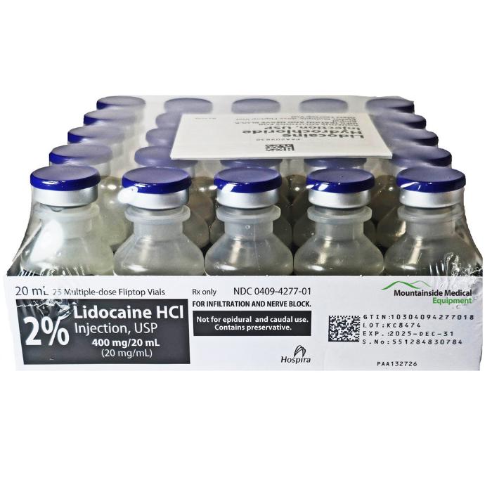 Lidocaine 2%, Lidocaine Injection Numbing Shot 20 mL Multi-Dose Vials Hospira Pfizer 25/tray (Rx)