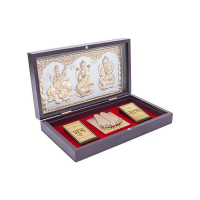 Golden Peacock 24 KT Gold-Polished Laxmi, Ganesha, Saraswati Pooja Box