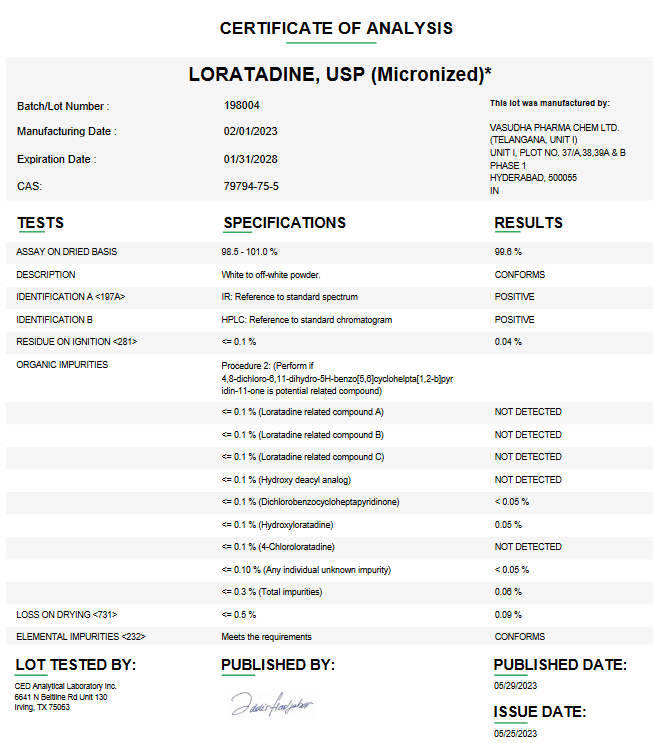 Loratadine USP (Micronized) For Compounding (API)