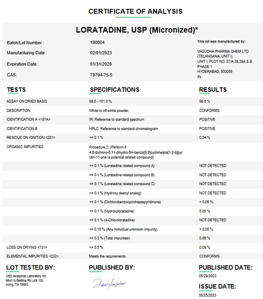 Loratadine USP (Micronized) For Compounding (API)