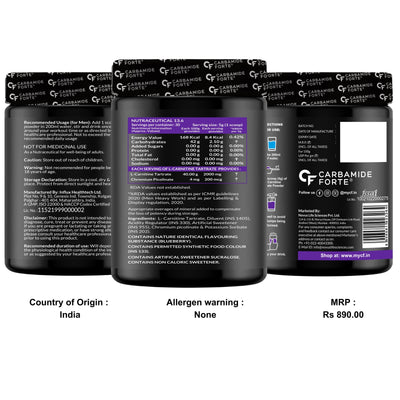 Carbamide Forte L Carnitine Powder for Men & Women | L-Carnitine L Tartrate 2000mg Supplement For Women & Men | L Carnitine Powder Pre Workout, Intra Workout & Post Workout Supplement | L Carnitine Supplement Blueberry Flavour - 150g