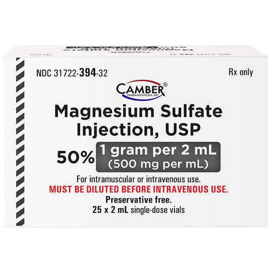 Magnesium Sulfate Injection 1 Gram (500 mg per vial) Single Dose, Preservative Free 2 mL x 25/Pack (RX)
