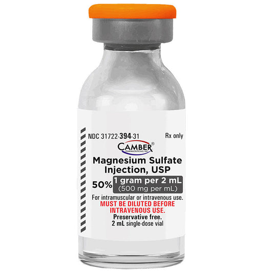 Magnesium Sulfate Injection 1 Gram (500 mg per vial) Single Dose, Preservative Free 2 mL x 25/Pack (RX)