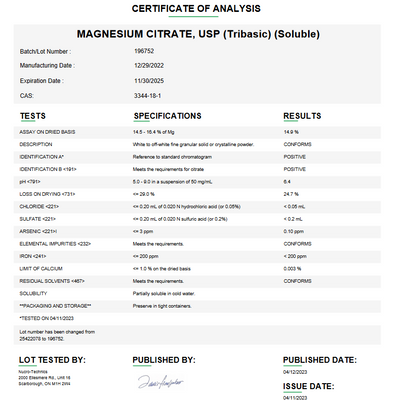 Magnesium Citrate USP (Tribasic) (Soluble) For Compounding