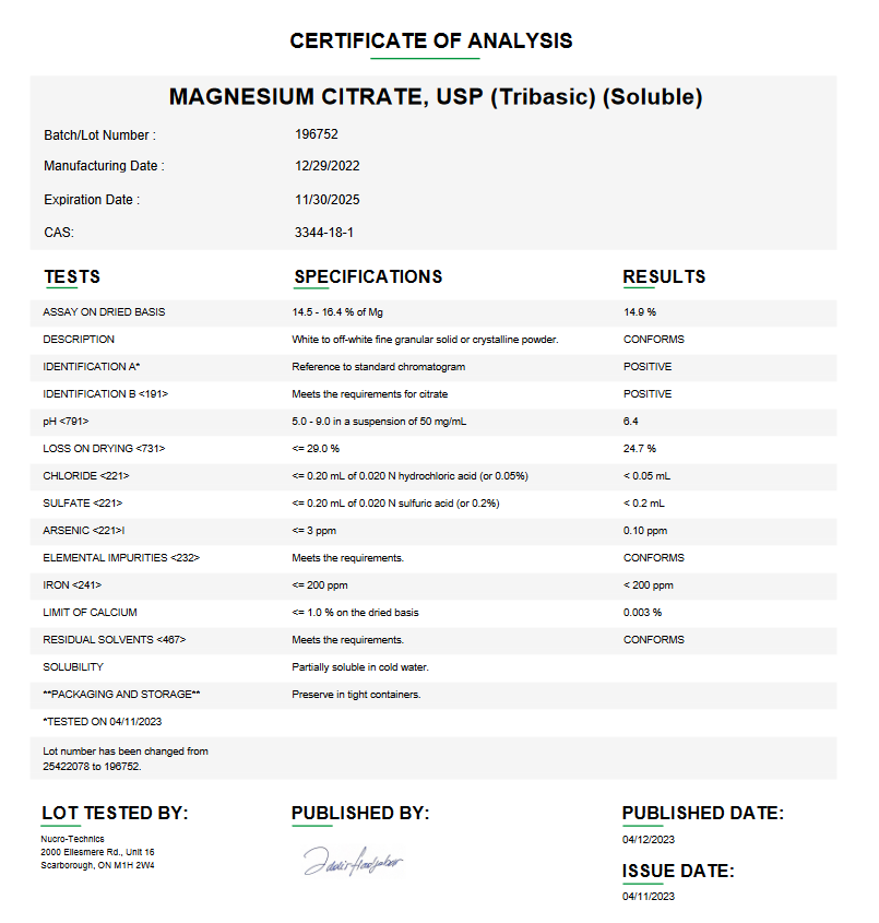 Magnesium Citrate USP (Tribasic) (Soluble) For Compounding