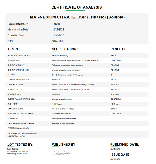 Magnesium Citrate USP (Tribasic) (Soluble) For Compounding