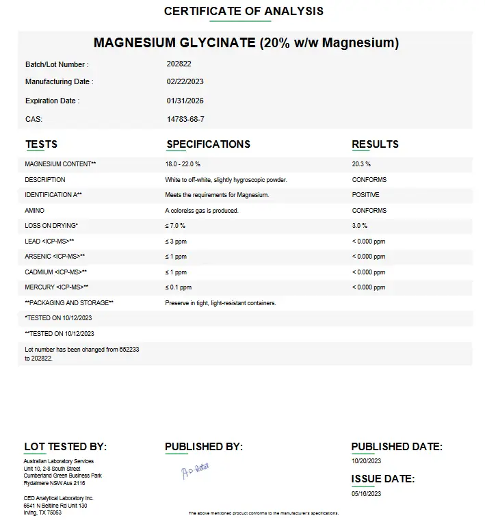 Magnesium Glycinate USP (20% w/w Magnesium) For Compounding (API)