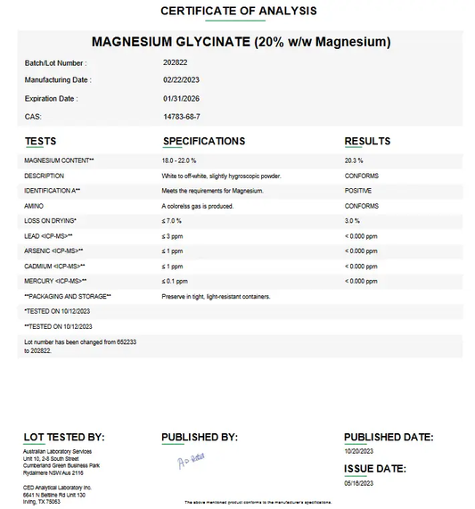 Magnesium Glycinate USP (20% w/w Magnesium) For Compounding (API)