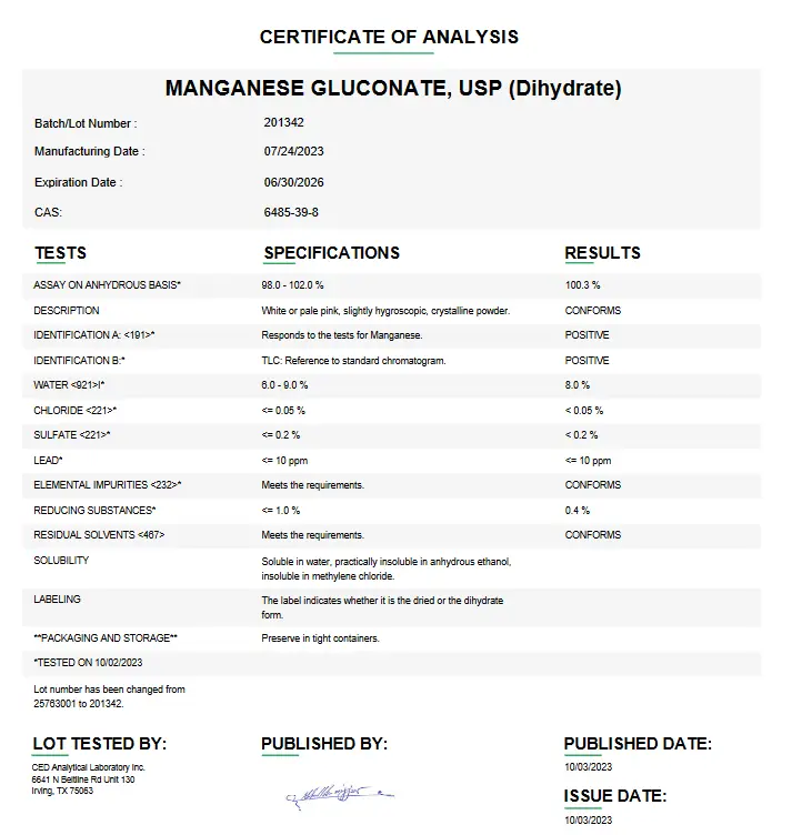 Manganese Gluconate USP Dihydrate For Compounding (API)