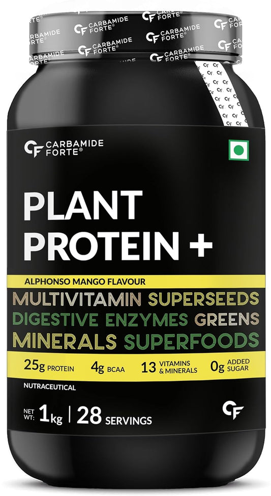 Carbamide Forte Plant Protein Powder - Plant Based Pea Protein Powder with Multivitamin, Minerals, Superfoods, Digestive Enzymes - Alphonso Mango Flavour - 1kg