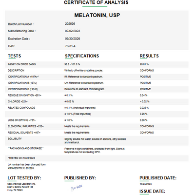 Melatonin API Powder USP For Custom Compounding (Rx)