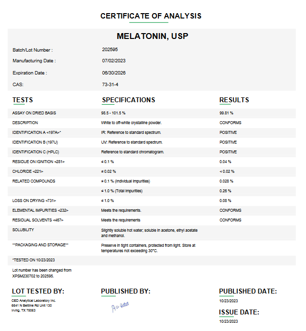 Melatonin API Powder USP For Custom Compounding (Rx)