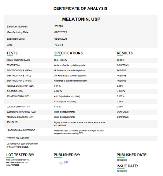 Melatonin API Powder USP For Custom Compounding (Rx)