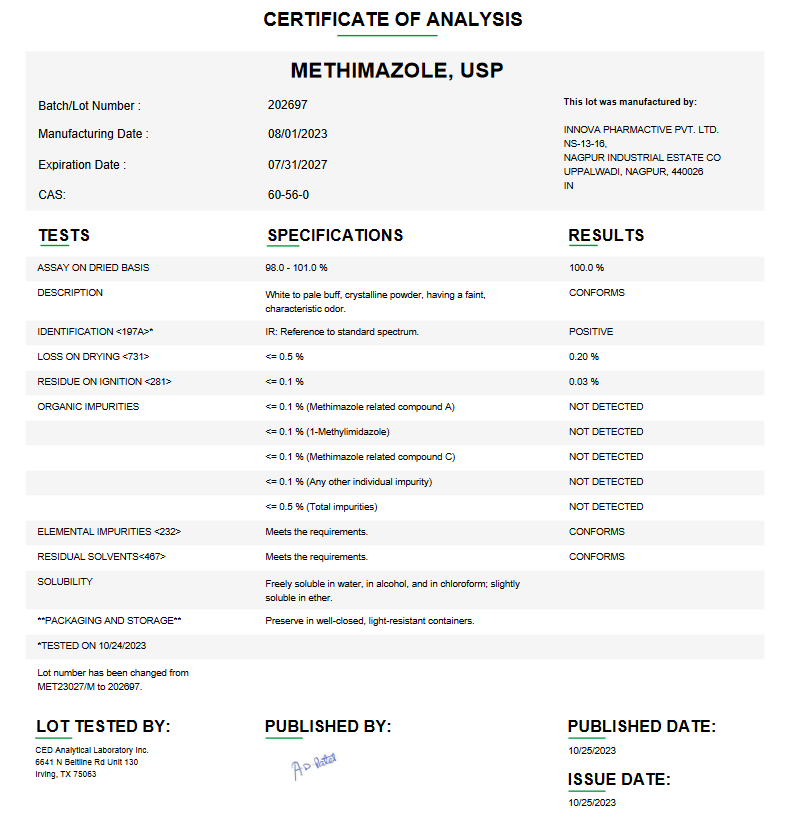 Methimazole USP For Compounding (API)