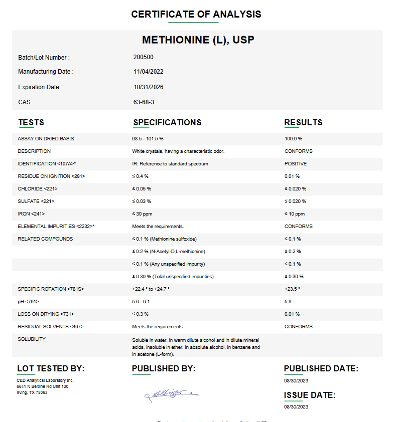 Methionine (L) USP For Compounding (API)