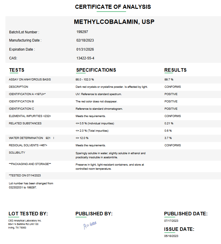 Methylcobalamin USP For Compounding (API)