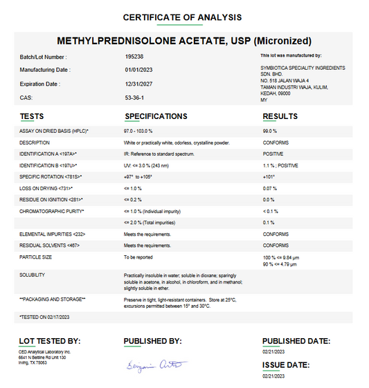 Methylprednisolone Acetate USP (Micronized) For Compounding (API)