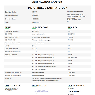 Metoprolol Tartrate API Powder USP For Compounding