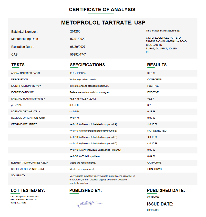Metoprolol Tartrate API Powder USP For Compounding