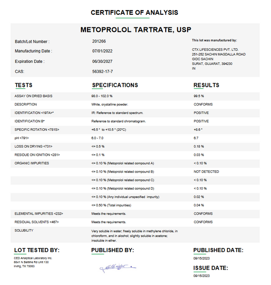 Metoprolol Tartrate API Powder USP For Compounding