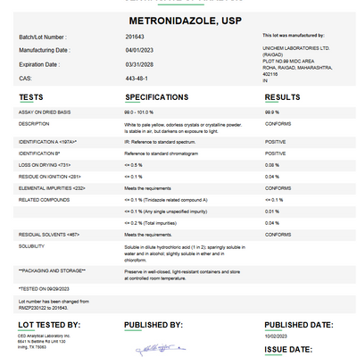 Metronidazole API Powder USP For Compounding