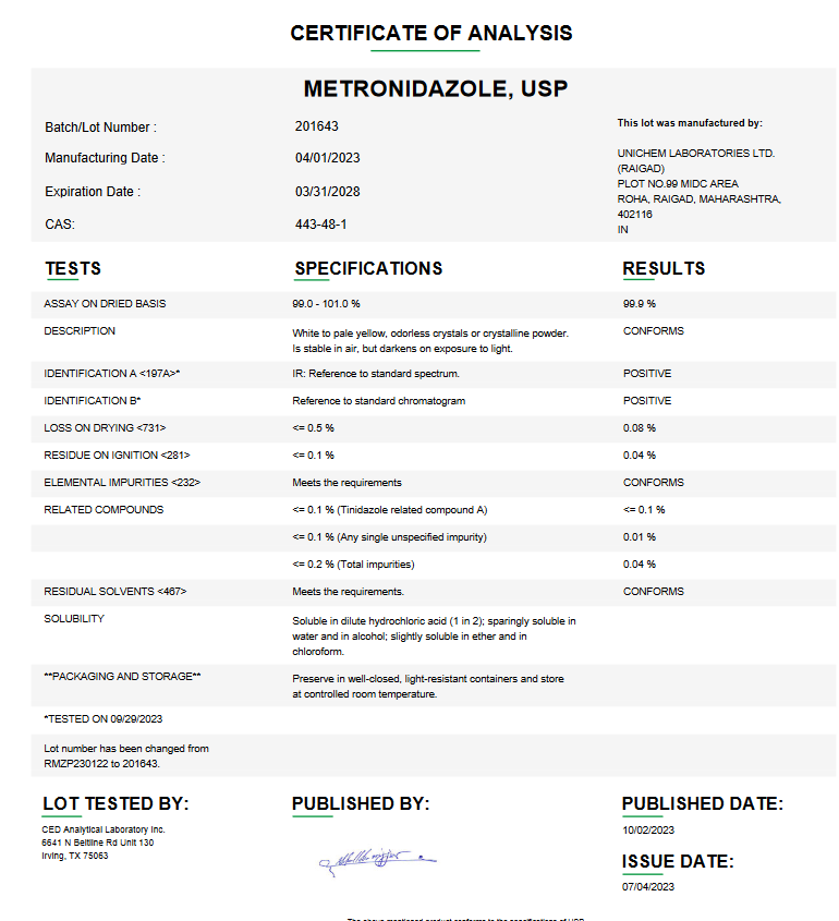 Metronidazole API Powder USP For Compounding
