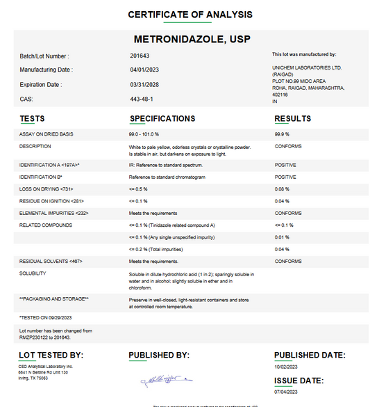 Metronidazole API Powder USP For Compounding
