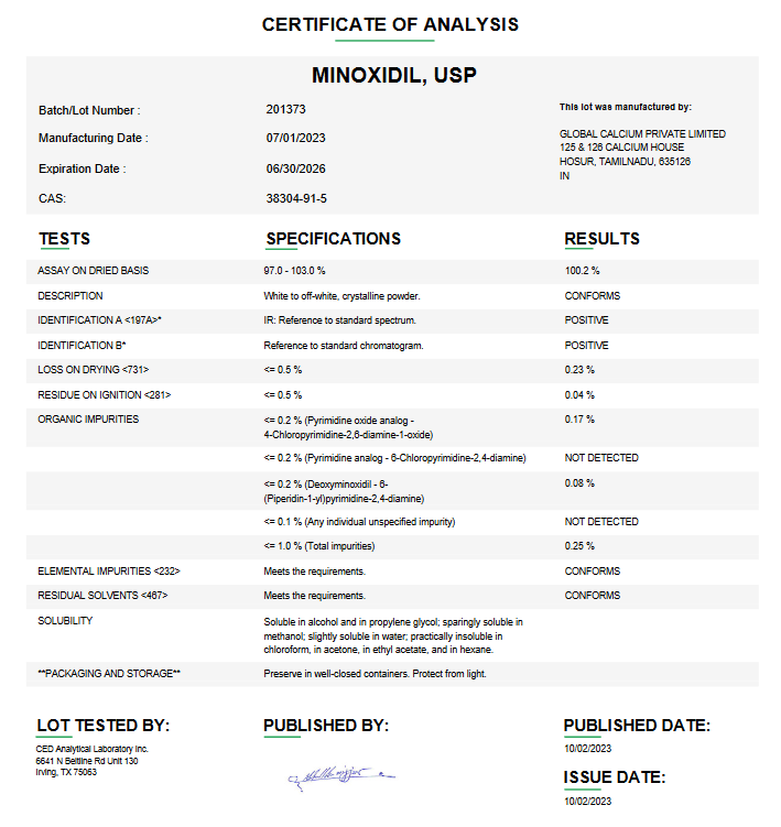 Minoxidil API Powder USP For Compounding, Custom Minoxidil Powder in Bulk
