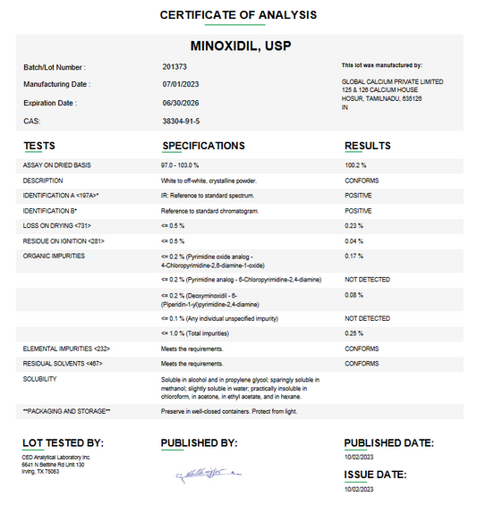 Minoxidil API Powder USP For Compounding, Custom Minoxidil Powder in Bulk