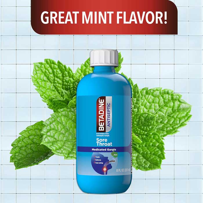Betadine Sore Throat Oral Antiseptic Medicated Gargle Mouthwash, Mint Flavor