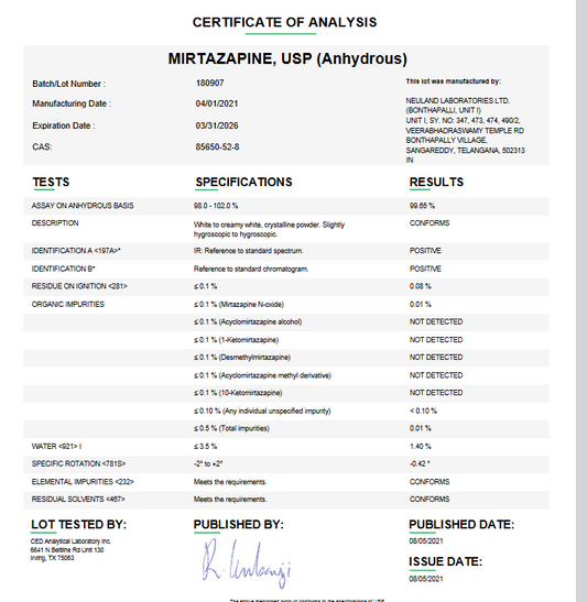 Mirtazapine USP Powder API (Anhydrous) For Custom Compounding