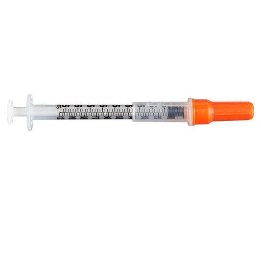 29 Gauge x ½" Monoject 1 mL Insulin Syringes, Safety 1 cc, Permanent Needle, 100/box