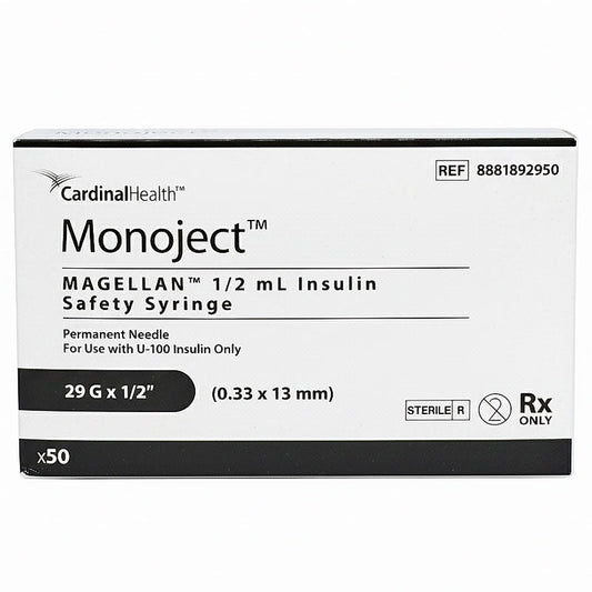 Monoject Insulin Safety Syringes with 29 Gauge x 1/2" Permanent Needle, 50 Per Box