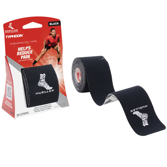 Mueller Typhoon Kinesiology Therapeutic Tape, Pre-Cut Strips, Black, 20 Count