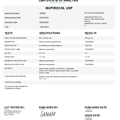 Mupirocin USP For Compounding (API) (Rx)  **Refrigerated**