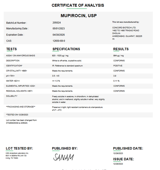 Mupirocin USP For Compounding (API) (Rx)  **Refrigerated**