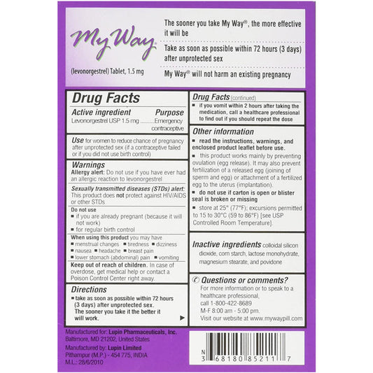 My Way Emergency Contraceptive 1 Tablet (Compare to Plan B)