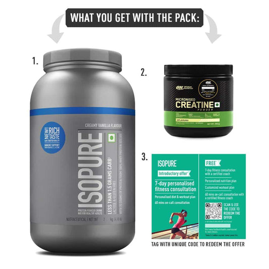 Isopure Whey Protein Isolate Powder - 2kg + Optimum Nutrition Micronised Creatine Powder - 250G