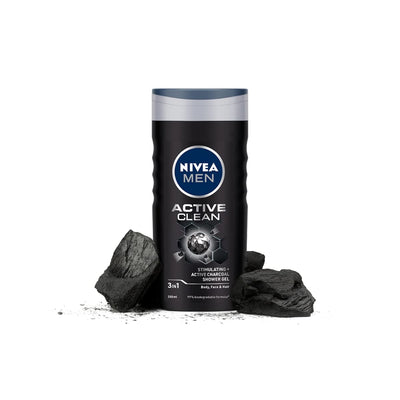 Nivea Men Body Wash- Active Clean with Active Charcoal- Shower Gel for Body- Face & Hair 3-in-1