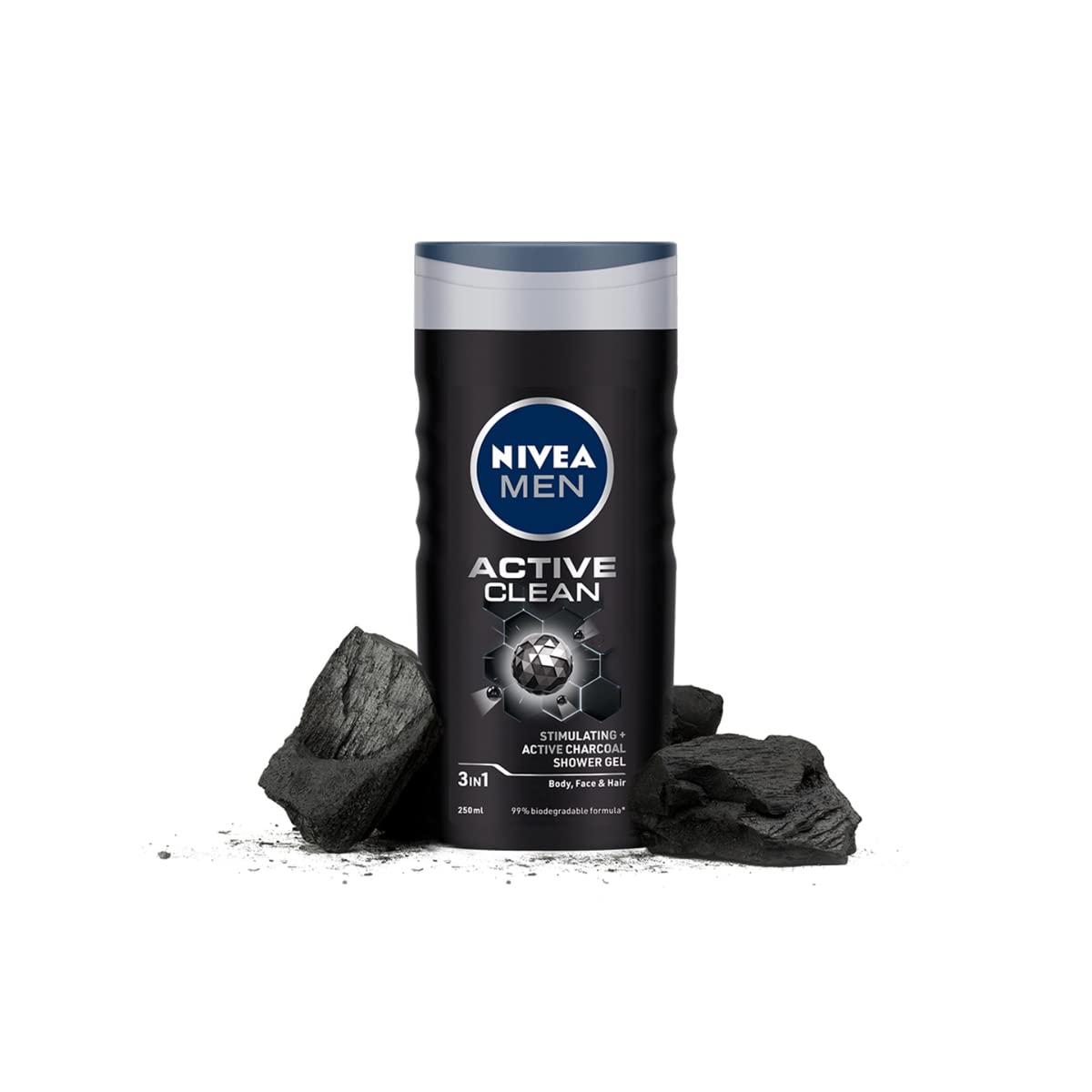 Nivea Men Body Wash- Active Clean with Active Charcoal- Shower Gel for Body- Face & Hair 3-in-1