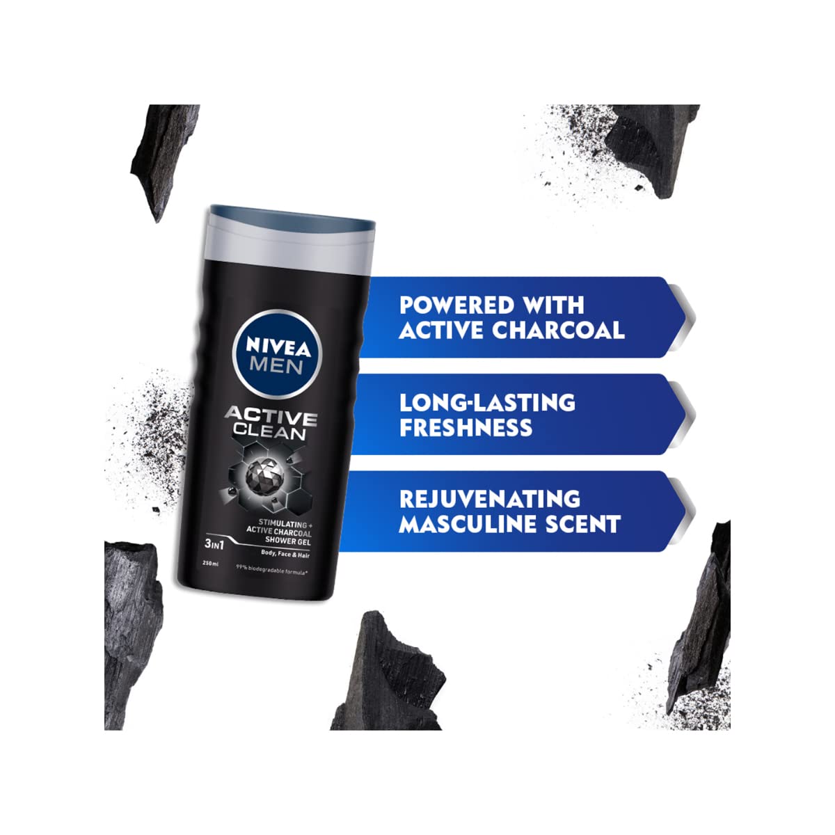 Nivea Men Body Wash- Active Clean with Active Charcoal- Shower Gel for Body- Face & Hair 3-in-1