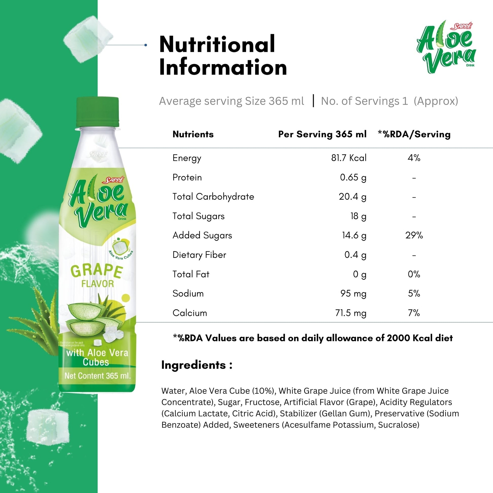 Aloe Vera Drink 365ml | Grape Flavour with 10% Aloe Vera Cubes | Ready to Drink