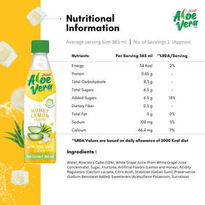 Aloe Vera Drink 365ml | Honey Lemon Flavour with 10% Aloe Vera Cubes | Ready to Drink