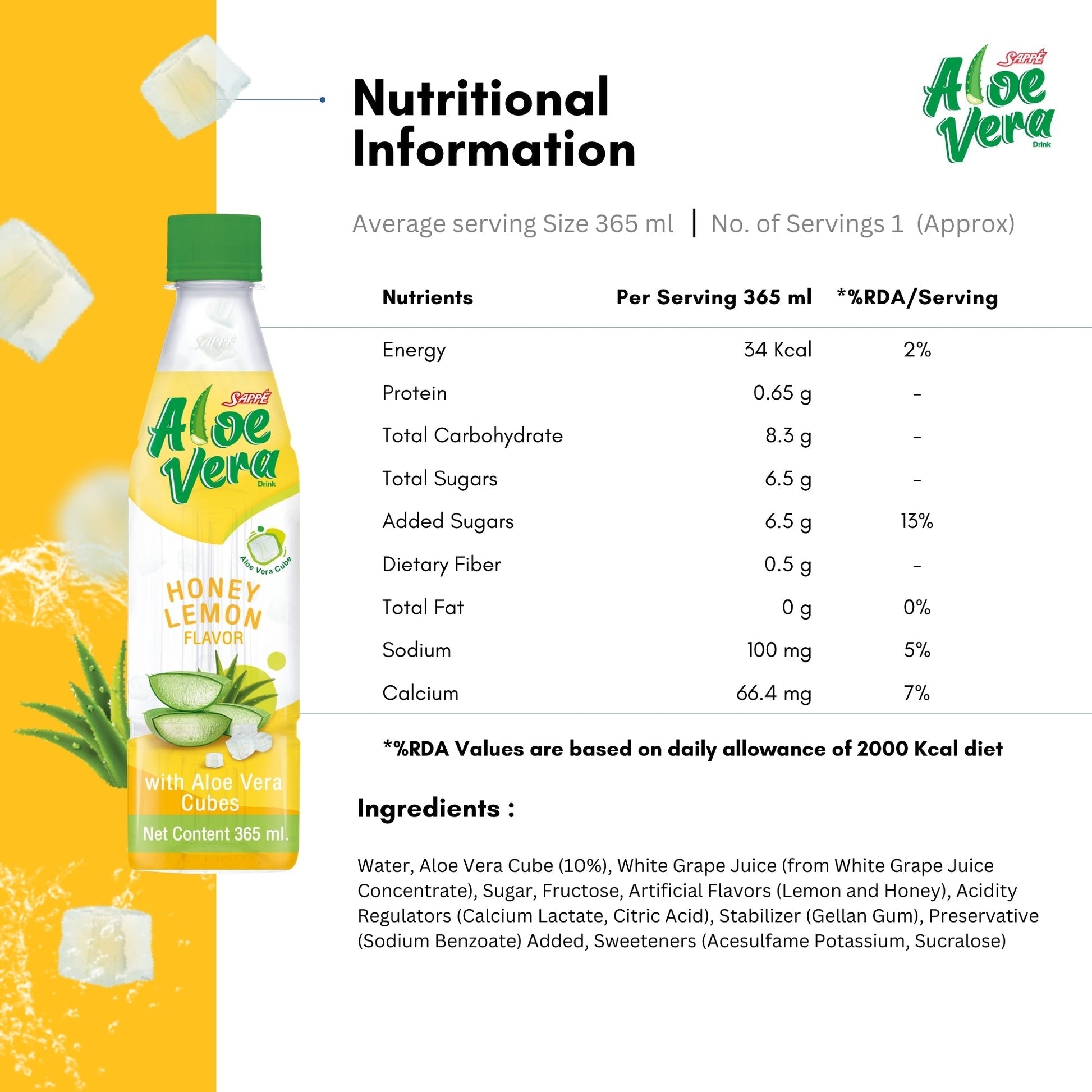 Aloe Vera Drink 365ml | Honey Lemon Flavour with 10% Aloe Vera Cubes | Ready to Drink