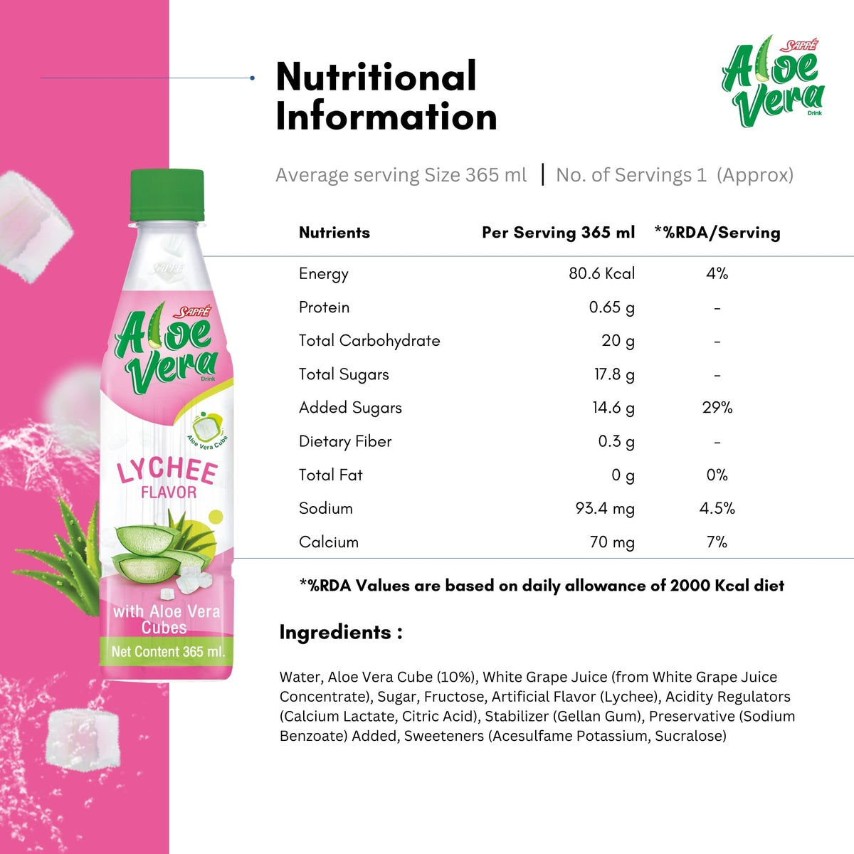 Aloe Vera Drink 365ml | Lychee Flavour with 10% Aloe Vera Cubes | Ready to Drink