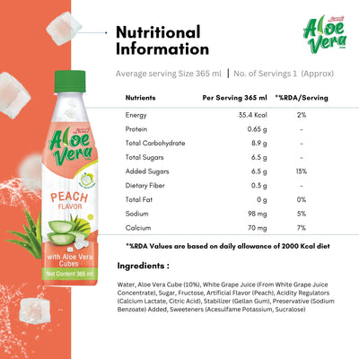 Aloe Vera Drink 365ml | Peach Flavour with 10% Aloe Vera Cubes | Ready to Drink